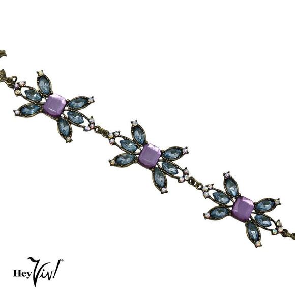 Vintage Statement Rhinestone Bracelet Purple and Blue Flowers 9" Long - Hey Viv - Picture 3 of 6